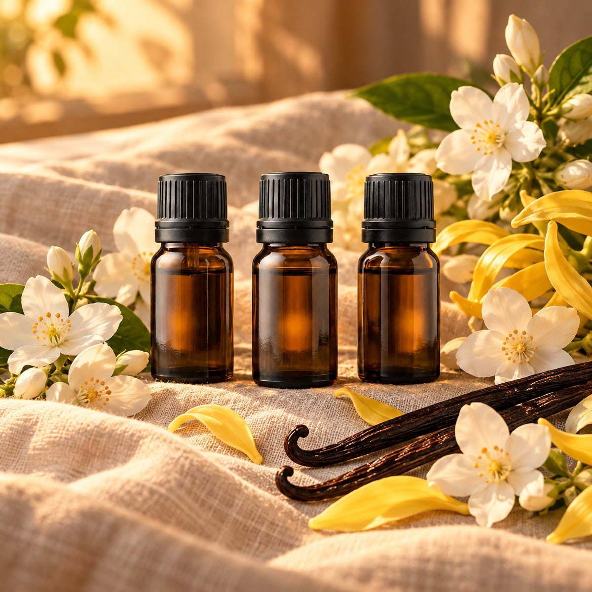 Coffret Douceur : trois flacons de 10 ml (Ylang-ylang, Jasmin, Vanille), visuel d'illustration