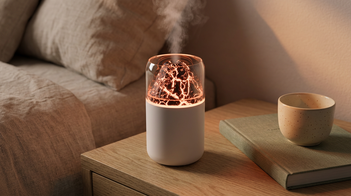 Diffuseur ZenGlow blanc sur une table de chevet le soir