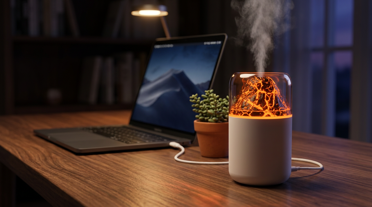 Diffuseur ZenGlow blanc branché en USB sur un bureau, le soir