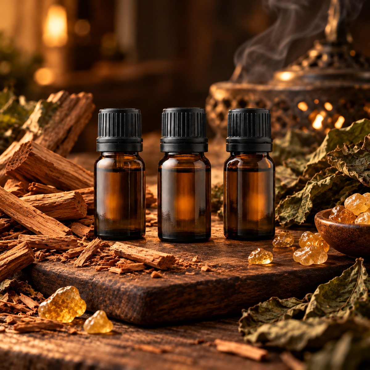 Coffret Boisé : trois flacons de 10 ml (Santal, Encens, Patchouli), visuel d'illustration