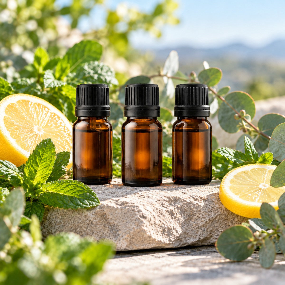 Coffret Fraîcheur : trois flacons de 10 ml (Menthe poivrée, Eucalyptus, Citron), visuel d'illustration