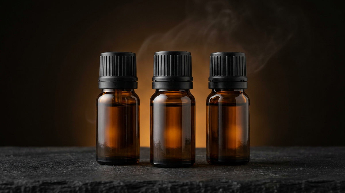 Trois flacons d'huile parfumée de 10 ml en verre ambré (visuel d'illustration)