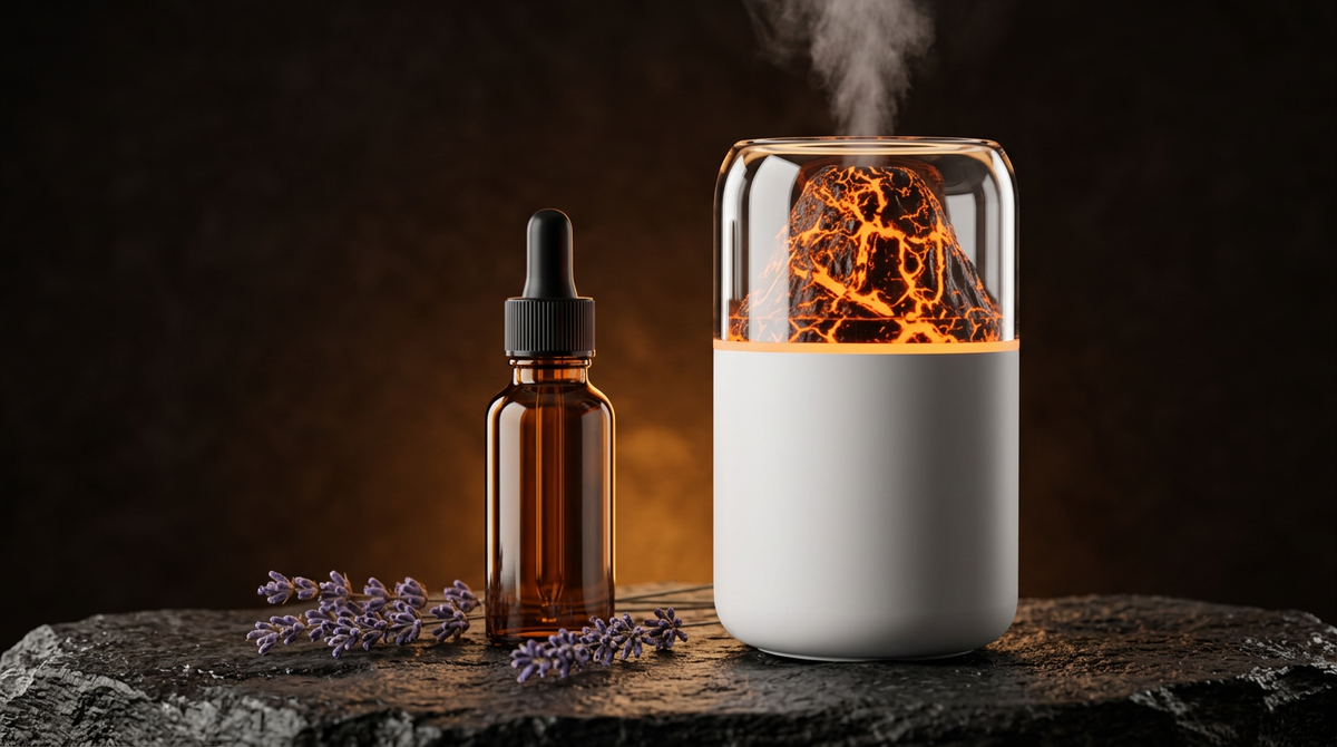 Diffuseur ZenGlow blanc à côté d'un flacon d'huile parfumée